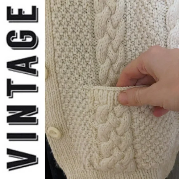 Hand knit Fishermen cable knit cream button-down cardigan chunky sweater - Picture 7 of 16